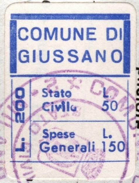 Marca da Bollo del Comune di GIUSSANO su Carta Bianca di dimensioni 20 x 25 mm