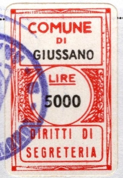 Marca da Bollo del Comune di GIUSSANO su Carta Bianca di dimensioni 16 x 26 mm