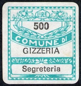 Marca da Bollo del Comune di GIZZERIA su Carta Bianca di dimensioni 19 x 21 mm