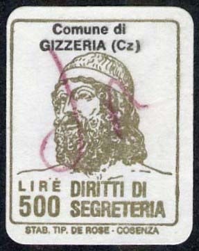 Marca da Bollo del Comune di GIZZERIA su Carta Bianca di dimensioni 16 x 21 mm