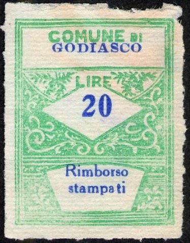 Marca da Bollo del Comune di GODIASCO SALICE TERME su Carta Bianca Sottile di dimensioni 22 x 28 mm
