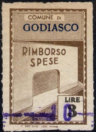 Marca da Bollo del Comune di GODIASCO SALICE TERME su Carta Bianca Sottile di dimensioni 19,5 x 28,5 mm