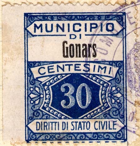 Marca da Bollo del Comune di GONARS su Carta Bianca di dimensioni 22,5 x 29 mm