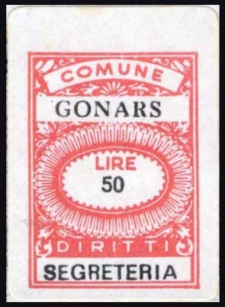 Marca da Bollo del Comune di GONARS su Carta Bianca di dimensioni 12 x 23,5 mm