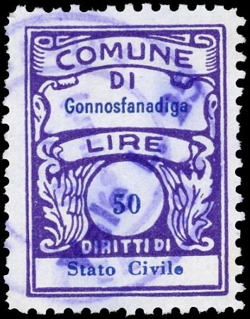 Marca da Bollo del Comune di GONNOSFANADIGA su Carta Bianca di dimensioni 18,5 x 26 mm
