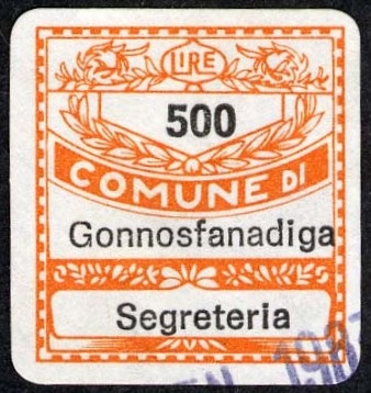 Marca da Bollo del Comune di GONNOSFANADIGA su Carta Bianca di dimensioni 19 x 21 mm