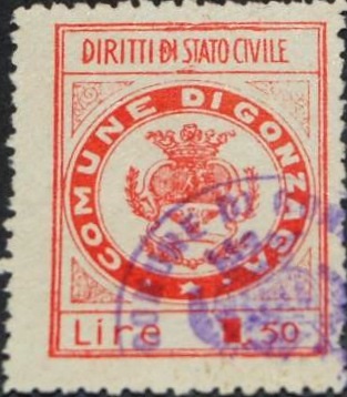 Marca da Bollo del Comune di GONZAGA su Carta Bianca di dimensioni 21,5 x 28 mm