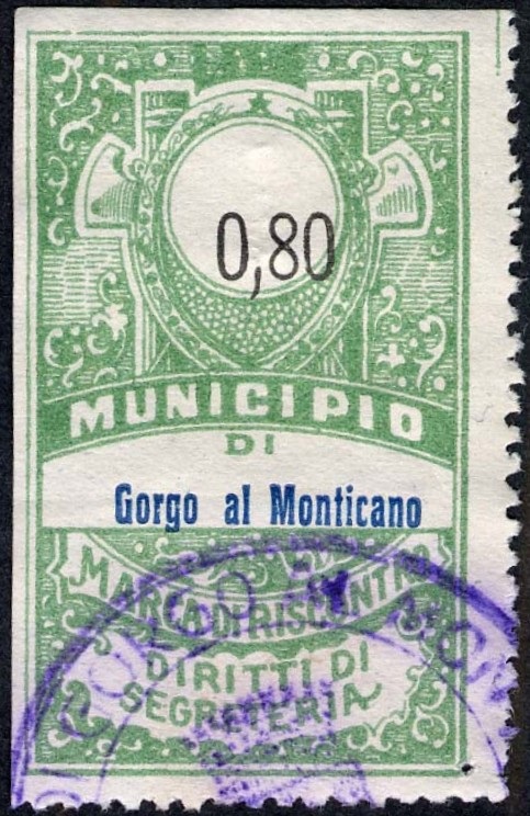 Marca da Bollo del Comune di GORGO AL MONTICANO su Carta Bianca di dimensioni 26 x 43,5 mm