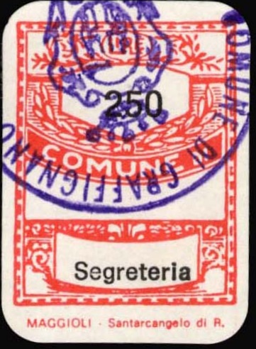 Marca da Bollo del Comune di GRAFFIGNANO su Carta Bianca di dimensioni 20,5 x 28,5 mm