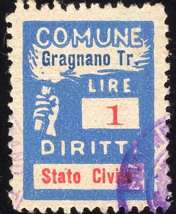 Marca da Bollo del Comune di GRAGNANO TREBBIENSE su Carta Colorata di dimensioni 18 X 25,5 mm
