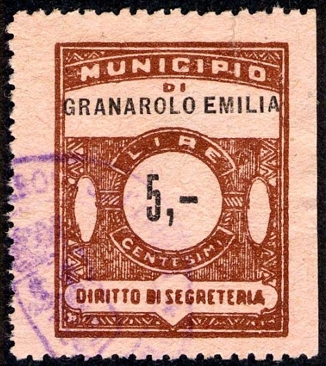 Marca da Bollo del Comune di GRANAROLO DELL´EMILIA su Carta Colorata di dimensioni 23,5 x 30 mm