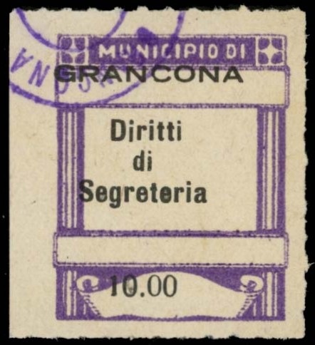 Marca da Bollo del Comune di GRANCONA su Carta Bianca di dimensioni 13,5 x 17 mm