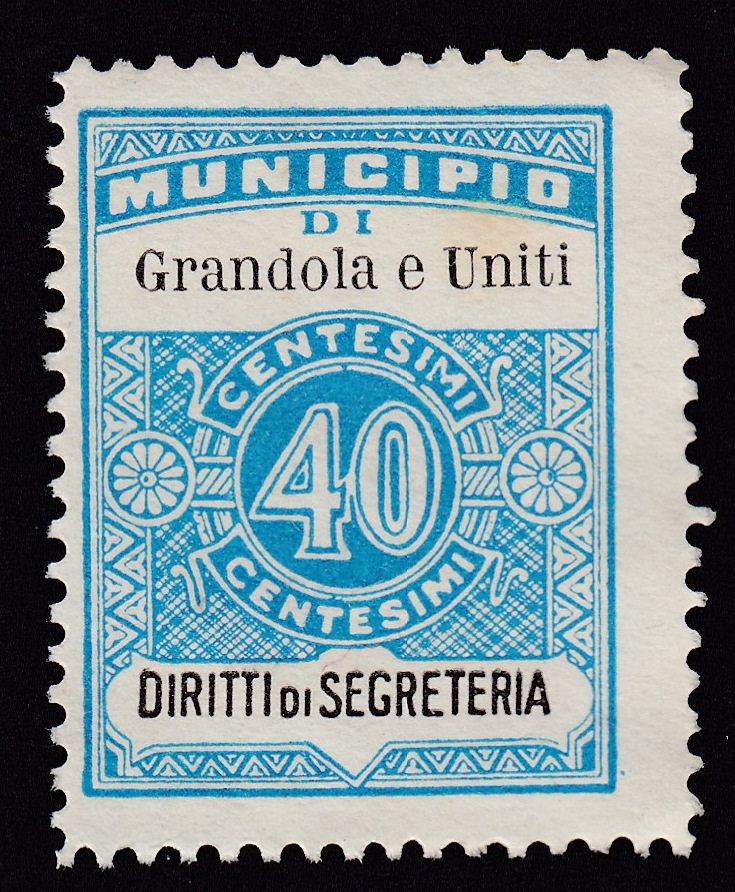 Marca da Bollo del Comune di GRANDOLA ED UNITI su Carta Bianca di dimensioni 22 x 29 mm