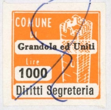 Marca da Bollo del Comune di GRANDOLA ED UNITI su Carta Bianca di dimensioni 20 x 20 mm
