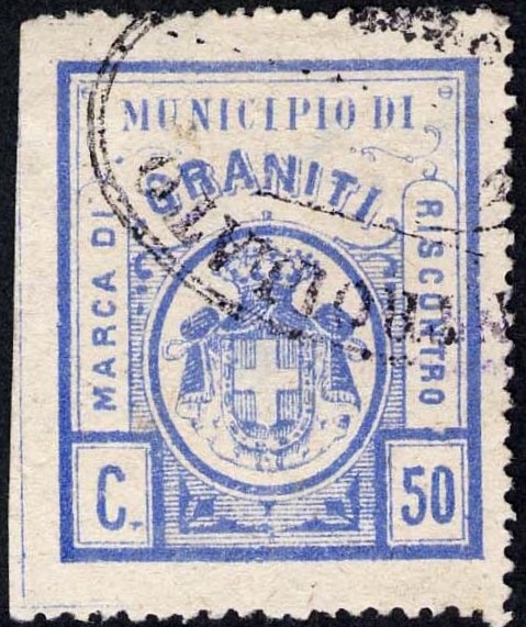 Marca da Bollo del Comune di GRANITI su Carta Bianca di dimensioni 26,5 x 31 mm