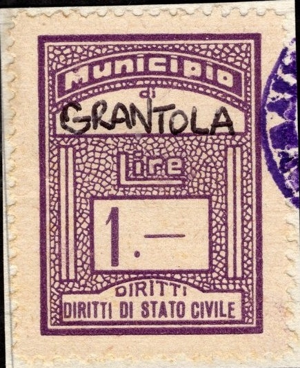 Marca da Bollo del Comune di GRANTOLA su Carta Bianca di dimensioni 22 x 29 mm
