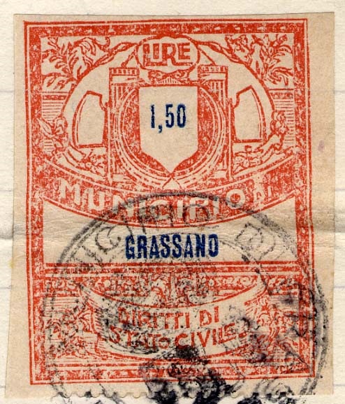 Marca da Bollo del Comune di GRASSANO su Carta Bianca Sottile di dimensioni 22 x 29 mm