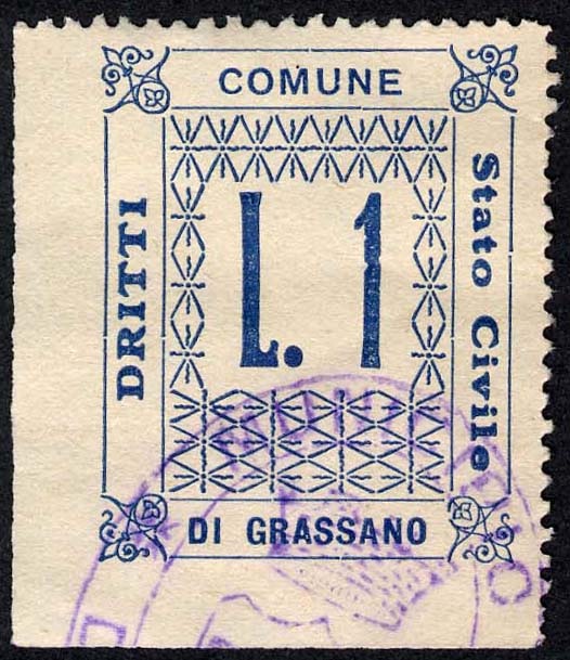 Marca da Bollo del Comune di GRASSANO su Carta Bianca di dimensioni mm