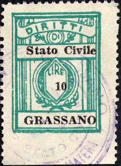 Marca da Bollo del Comune di GRASSANO su Carta Bianca di dimensioni 21 x 28 mm
