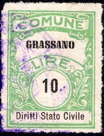 Marca da Bollo del Comune di GRASSANO su Carta Bianca di dimensioni 22,5 x 29 mm