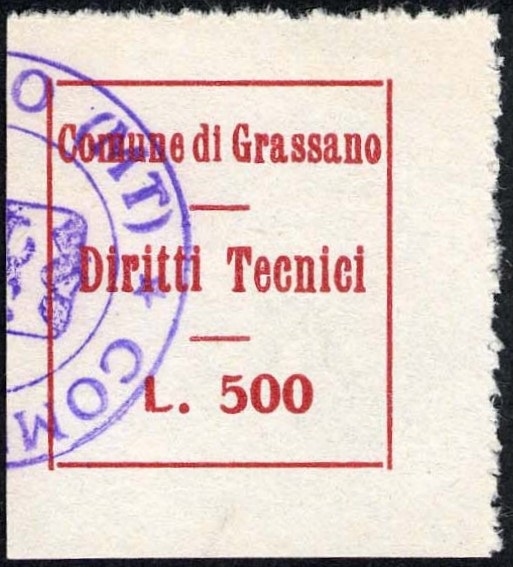 Marca da Bollo del Comune di GRASSANO su Carta Bianca di dimensioni 23,5 x 26,5 mm