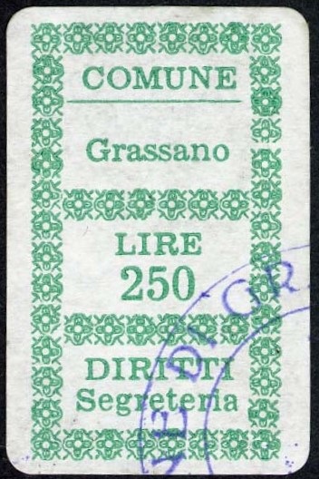 Marca da Bollo del Comune di GRASSANO su Carta Bianca di dimensioni 18 x 32 mm