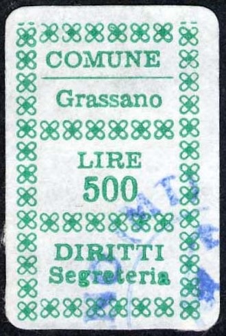 Marca da Bollo del Comune di GRASSANO su Carta Bianca di dimensioni 18 x 29 mm