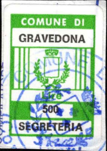 Marca da Bollo del Comune di GRAVEDONA su Carta Bianca di dimensioni 20 x 32 mm