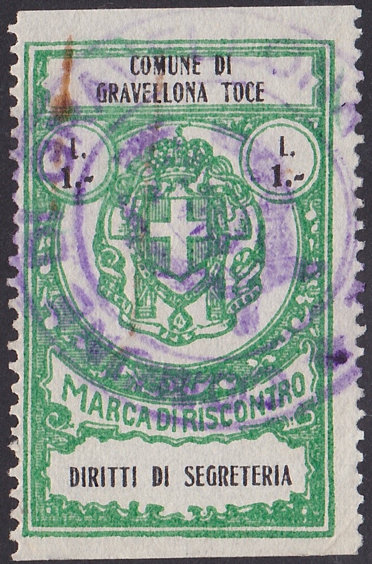 Marca da Bollo del Comune di GRAVELLONA TOCE su Carta Bianca di dimensioni 25 x 42 mm