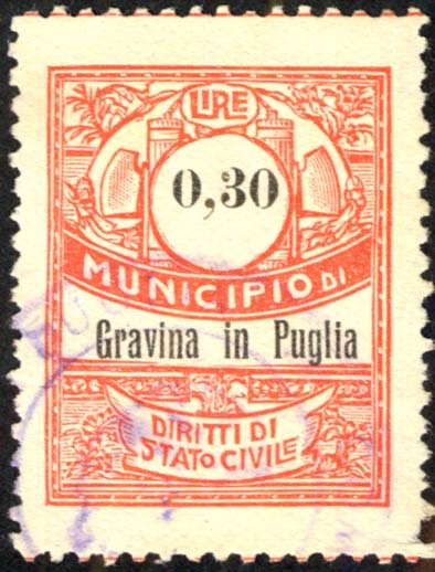 Marca da Bollo del Comune di GRAVINA IN PUGLIA su Carta Bianca Sottile di dimensioni 22 x 28,5 mm