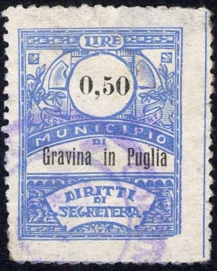 Marca da Bollo del Comune di GRAVINA IN PUGLIA su Carta Bianca di dimensioni 21,5 x 28 mm