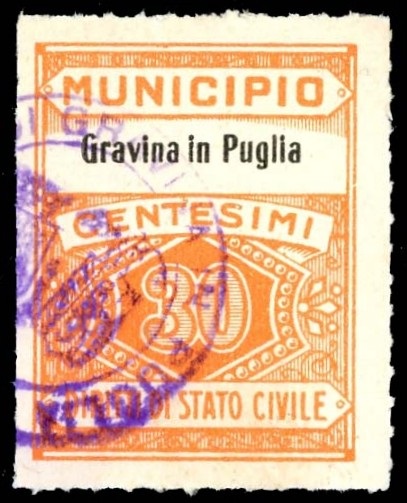 Marca da Bollo del Comune di GRAVINA IN PUGLIA su Carta Bianca di dimensioni 22,5 x 29 mm
