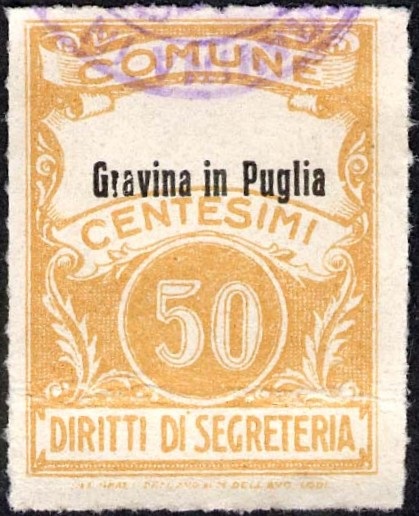 Marca da Bollo del Comune di GRAVINA IN PUGLIA su Carta Bianca Sottile di dimensioni 22,5 x 29 mm