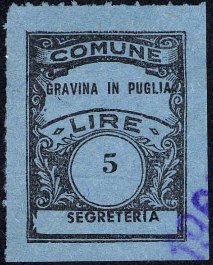 Marca da Bollo del Comune di GRAVINA IN PUGLIA su Carta Colorata di dimensioni 22 x 29 mm