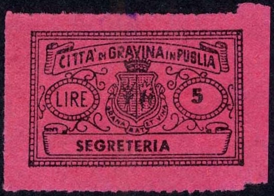 Marca da Bollo del Comune di GRAVINA IN PUGLIA su Carta Colorata di dimensioni 29 x 18 mm