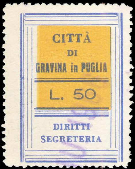 Marca da Bollo del Comune di GRAVINA IN PUGLIA su Carta Bianca di dimensioni 24,5 x 36 mm
