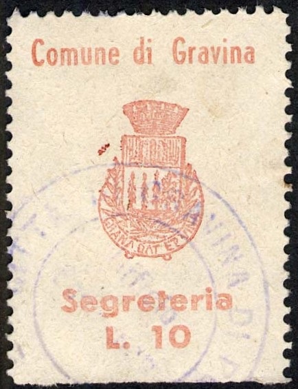 Marca da Bollo del Comune di GRAVINA IN PUGLIA su Carta Bianca di dimensioni 23 x 29 mm