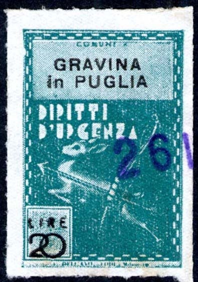Marca da Bollo del Comune di GRAVINA IN PUGLIA su Carta Bianca di dimensioni 21,5 x 32,5 mm