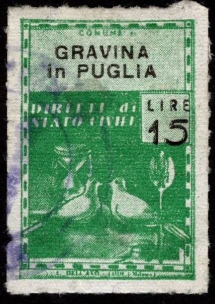Marca da Bollo del Comune di GRAVINA IN PUGLIA su Carta Bianca di dimensioni 21,5 x 32 mm