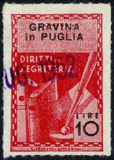 Marca da Bollo del Comune di GRAVINA IN PUGLIA su Carta Bianca Sottile di dimensioni 21 X 32 mm