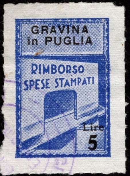 Marca da Bollo del Comune di GRAVINA IN PUGLIA su Carta Bianca Sottile di dimensioni 21 X 32 mm