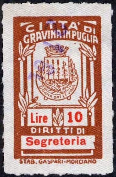 Marca da Bollo del Comune di GRAVINA IN PUGLIA su Carta Bianca di dimensioni 18 X 30 mm