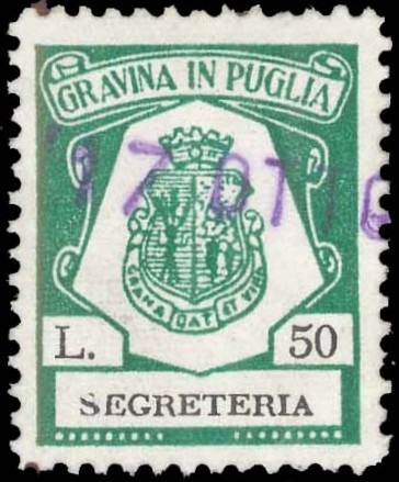 Marca da Bollo del Comune di GRAVINA IN PUGLIA su Carta Bianca di dimensioni 20 x 25 mm