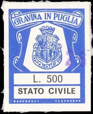 Marca da Bollo del Comune di GRAVINA IN PUGLIA su Carta Bianca di dimensioni 20 x 25 mm