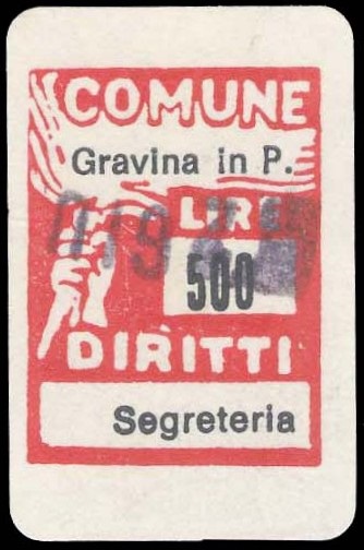Marca da Bollo del Comune di GRAVINA IN PUGLIA su Carta Bianca di dimensioni 19 x 25 mm