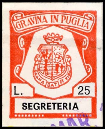 Marca da Bollo del Comune di GRAVINA IN PUGLIA su Carta Bianca di dimensioni 20 x 25 mm