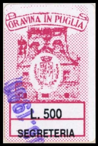 Marca da Bollo del Comune di GRAVINA IN PUGLIA su Carta Bianca di dimensioni 17 X 24 5 mm