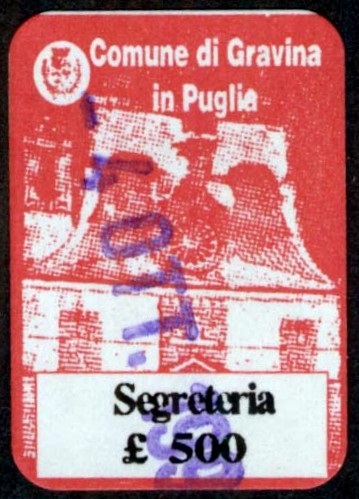 Marca da Bollo del Comune di GRAVINA IN PUGLIA su Carta Bianca di dimensioni 18 X 25,5 mm
