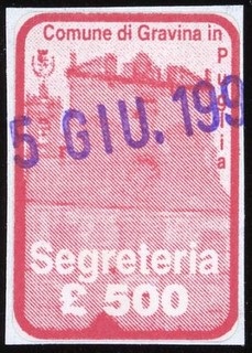 Marca da Bollo del Comune di GRAVINA IN PUGLIA su Carta Bianca di dimensioni 18x 25 mm