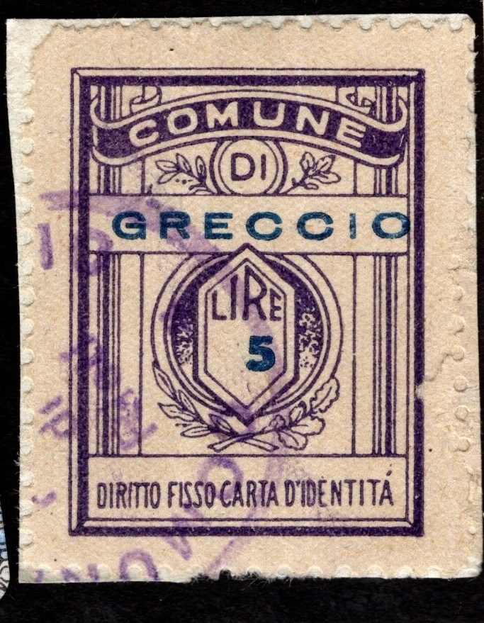 Marca da Bollo del Comune di GRECCIO su Carta Colorata di dimensioni 21 X 27 mm